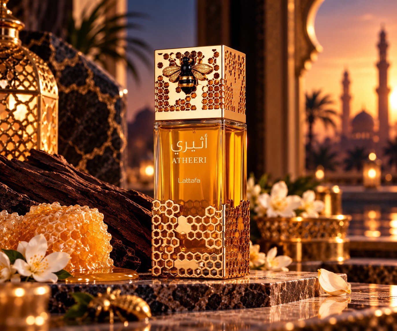 Frasco retangular de vidro com líquido âmbar e acabamentos dourados, rodeado por flores e mel sobre um fundo oriental iluminado em dourado