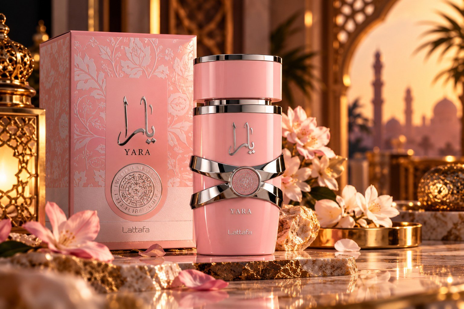 Frasco rosa-claro com detalhes prateados ao lado da caixa, cercado por flores diante de silhuetas de mesquitas sob luz suave de fim de tarde