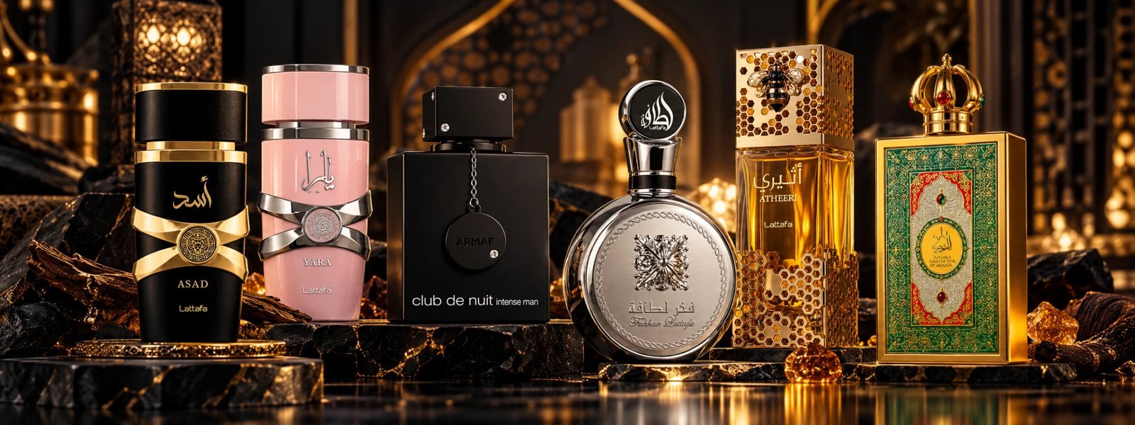Perfumes importados expostos sobre bases de mármore em um cenário de luz dourada